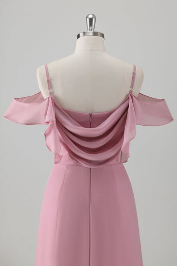 Rosa A-Linie Kalte Schulter Chiffon Brautjungfernkleid mit Schlitz