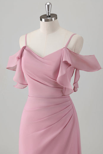 Rosa A-Linie Kalte Schulter Chiffon Brautjungfernkleid mit Schlitz