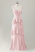 Laden Sie das Bild in den Galerie-Viewer, Hellgrünes A-Linie Korsett Chiffon Langes Brautjungfernkleid mit Rüschen