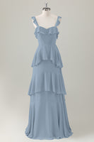 Laden Sie das Bild in den Galerie-Viewer, Hellgrünes A-Linie Korsett Chiffon Langes Brautjungfernkleid mit Rüschen