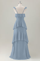 Laden Sie das Bild in den Galerie-Viewer, Hellgrünes A-Linie Korsett Chiffon Langes Brautjungfernkleid mit Rüschen