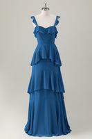 Laden Sie das Bild in den Galerie-Viewer, Hellgrünes A-Linie Korsett Chiffon Langes Brautjungfernkleid mit Rüschen