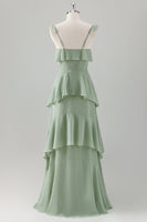 Laden Sie das Bild in den Galerie-Viewer, Hellgrünes A-Linie Korsett Chiffon Langes Brautjungfernkleid mit Rüschen