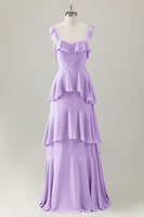 Laden Sie das Bild in den Galerie-Viewer, Hellgrünes A-Linie Korsett Chiffon Langes Brautjungfernkleid mit Rüschen