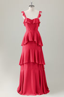 Laden Sie das Bild in den Galerie-Viewer, Hellgrünes A-Linie Korsett Chiffon Langes Brautjungfernkleid mit Rüschen