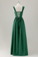 Laden Sie das Bild in den Galerie-Viewer, Dunkelblaues A-Linie Korsett Langes Brautjungfernkleid mit quadratischem Ausschnitt