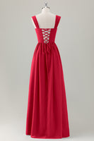 Laden Sie das Bild in den Galerie-Viewer, Dunkelblaues A-Linie Korsett Langes Brautjungfernkleid mit quadratischem Ausschnitt