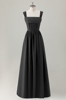 Laden Sie das Bild in den Galerie-Viewer, Dunkelblaues A-Linie Korsett Langes Brautjungfernkleid mit quadratischem Ausschnitt