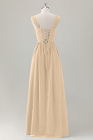 Laden Sie das Bild in den Galerie-Viewer, Dunkelblaues A-Linie Korsett Langes Brautjungfernkleid mit quadratischem Ausschnitt