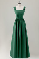 Laden Sie das Bild in den Galerie-Viewer, Dunkelblaues A-Linie Korsett Langes Brautjungfernkleid mit quadratischem Ausschnitt