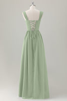 Laden Sie das Bild in den Galerie-Viewer, Dunkelblaues A-Linie Korsett Langes Brautjungfernkleid mit quadratischem Ausschnitt