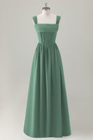 Laden Sie das Bild in den Galerie-Viewer, Dunkelblaues A-Linie Korsett Langes Brautjungfernkleid mit quadratischem Ausschnitt