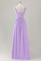 Laden Sie das Bild in den Galerie-Viewer, Dunkelblaues A-Linie Korsett Langes Brautjungfernkleid mit quadratischem Ausschnitt