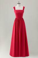 Laden Sie das Bild in den Galerie-Viewer, Dunkelblaues A-Linie Korsett Langes Brautjungfernkleid mit quadratischem Ausschnitt