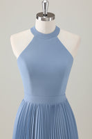 Laden Sie das Bild in den Galerie-Viewer, Grau Blau A-Linie Neckholder Langes Brautjungfernkleid mit Schlitz
