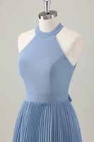 Laden Sie das Bild in den Galerie-Viewer, Grau Blau A-Linie Neckholder Langes Brautjungfernkleid mit Schlitz