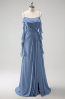 Laden Sie das Bild in den Galerie-Viewer, Zapaka Damen Grau Blau Chiffon Brautjungfernkleid Spaghettiträger A-Linie Langes Hochzeitspartykleid mit Schlitz