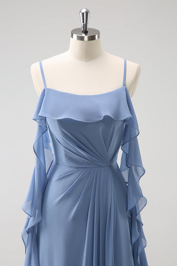 Grau Blau A-Linie Spaghettiträger Chiffon Langes Brautjungfernkleid mit Schlitz