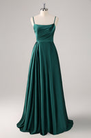 Laden Sie das Bild in den Galerie-Viewer, A-Linie Dunkelgrünes langes Satin Brautjungfernkleid mit Spaghettiträgern