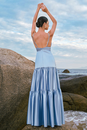 Himmelblaues langes A-Linie Rückenfreies Satin Brautjungfernkleid mit Spaghettiträgern