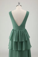 Laden Sie das Bild in den Galerie-Viewer, Eukalyptus A Linie Langes Brautjungfernkleid mit V-Ausschnitt und Schlitz