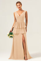 Laden Sie das Bild in den Galerie-Viewer, Eukalyptus A Linie Korsett V-Ausschnitt gestuftes langes Chiffon Brautjungfernkleid mit Schlitz