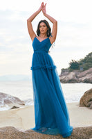Laden Sie das Bild in den Galerie-Viewer, Dunkelblaues langes A-Linie Brautjungfernkleid mit Spaghettiträgern
