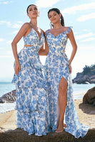 Laden Sie das Bild in den Galerie-Viewer, Weiß-Blaue Blumen A-Linie Spaghettiträger Muster Brautjungfernkleid