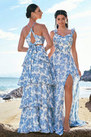 Laden Sie das Bild in den Galerie-Viewer, Weiß-Blaue Blumen A-Linie Spaghettiträger Muster Brautjungfernkleid