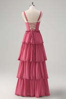 Laden Sie das Bild in den Galerie-Viewer, Abgestuftes Staubige Rose A Line Langes Brautjungfernkleid mit Schlitz