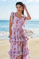 Laden Sie das Bild in den Galerie-Viewer, Grau Lila A-Linie Gestuftes Brautjungfernkleid mit Druck und Schlitz