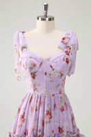 Laden Sie das Bild in den Galerie-Viewer, Grau Lila A-Linie gestuftes Brautjungfernkleid mit Blumen druck