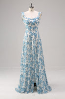 Laden Sie das Bild in den Galerie-Viewer, Weiß Blau Blume A Linie Quadratischer Ausschnitt Langes Brautjungfernkleid mit Schlitz