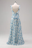 Laden Sie das Bild in den Galerie-Viewer, Weiß Blau Blume A Linie Quadratischer Ausschnitt Langes Brautjungfernkleid mit Schlitz