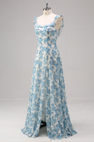 Laden Sie das Bild in den Galerie-Viewer, Weiß Blau Blume A Linie Quadratischer Ausschnitt Langes Brautjungfernkleid mit Schlitz