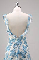 Laden Sie das Bild in den Galerie-Viewer, Weiß Blau Blume A Linie Quadratischer Ausschnitt Langes Brautjungfernkleid mit Schlitz