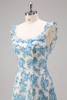 Laden Sie das Bild in den Galerie-Viewer, Weiß Blau Blume A Linie Quadratischer Ausschnitt Langes Brautjungfernkleid mit Schlitz