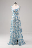 Laden Sie das Bild in den Galerie-Viewer, Weiß Blau Blume A Linie Quadratischer Ausschnitt Langes Brautjungfernkleid mit Schlitz