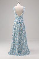 Laden Sie das Bild in den Galerie-Viewer, Weiß Blau Blume A Linie Quadratischer Ausschnitt Langes Brautjungfernkleid mit Schlitz