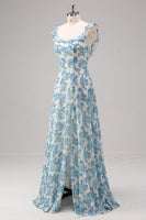 Laden Sie das Bild in den Galerie-Viewer, Weiß Blau Blume A Linie Quadratischer Ausschnitt Langes Brautjungfernkleid mit Schlitz