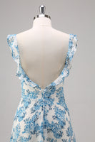 Laden Sie das Bild in den Galerie-Viewer, Weiß Blau Blume A Linie Quadratischer Ausschnitt Langes Brautjungfernkleid mit Schlitz