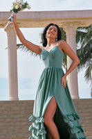 Laden Sie das Bild in den Galerie-Viewer, Eukalyptus A-Linie Korsett Langes Chiffon Brautjungfernkleid mit Schlitz