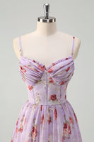 Laden Sie das Bild in den Galerie-Viewer, Grau Lila Blumen Korsett A-Linie Spaghettiträger Brautjungfernkleid mit Schlitz