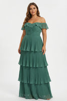 Laden Sie das Bild in den Galerie-Viewer, A-Linie Herzausschnitt schulterfreies gestuftes plissiertes Brautjungfernkleid mit Schlitz Eukalyptus