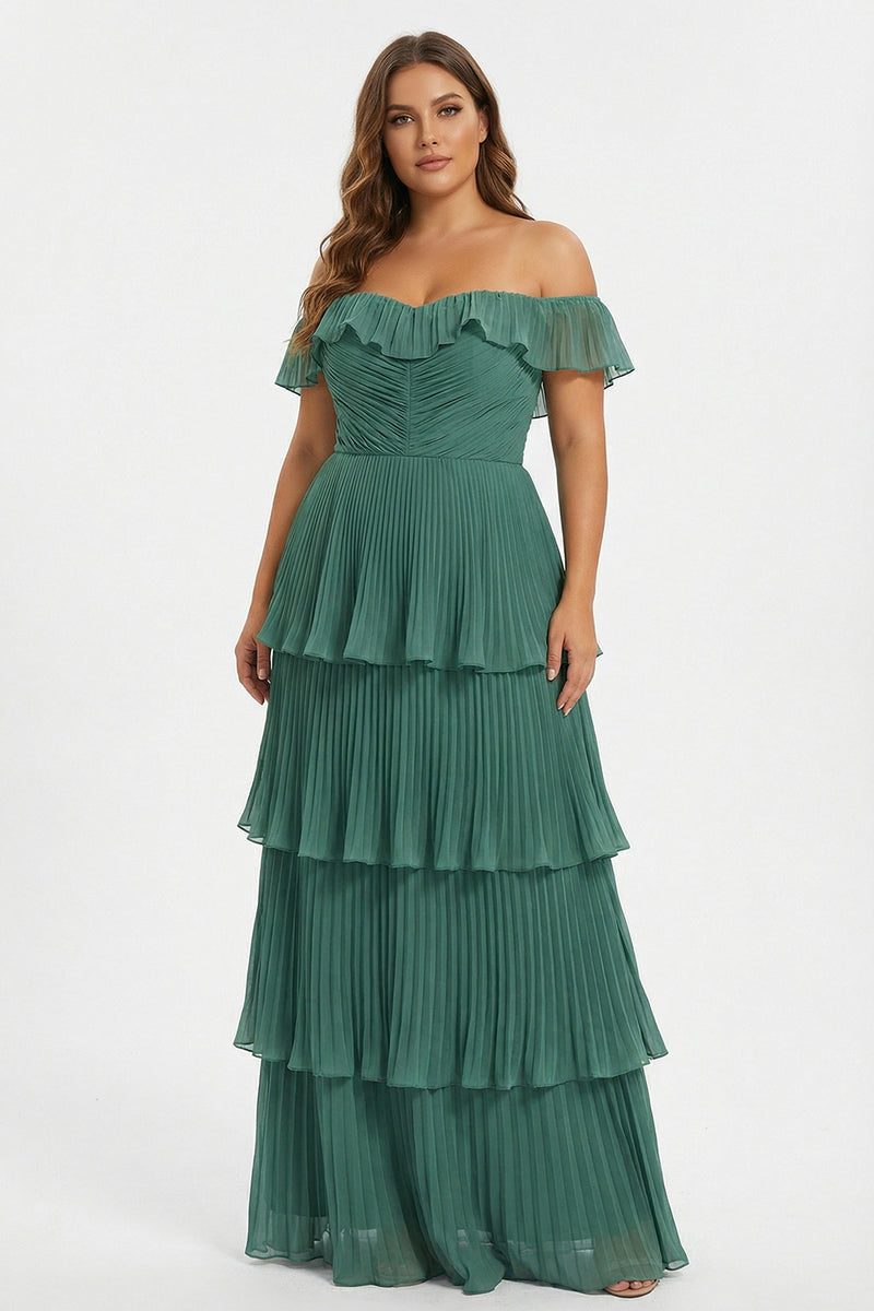Laden Sie das Bild in den Galerie-Viewer, A-Linie Herzausschnitt schulterfreies gestuftes plissiertes Brautjungfernkleid mit Schlitz Eukalyptus