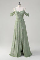 Laden Sie das Bild in den Galerie-Viewer, ZAPAKA Damen Dusty Sage Langes Brautjungfernkleid A-Linie Kalte Schulter Jacquard Hochzeit Party Kleid mit Schlitz