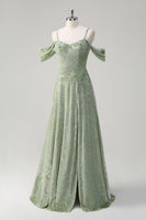 Laden Sie das Bild in den Galerie-Viewer, Dusty Sage A-Linie Kalte Schulter Jacquard Langes Brautjungfernkleid mit Schlitz