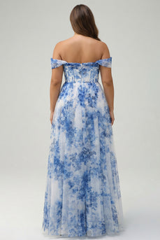 Weiß-blaues A-Linie Korsett Schulterfreies Korsett Brautjungfernkleid mit Schlitz