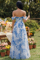 Laden Sie das Bild in den Galerie-Viewer, Off-the-shoulder A-Linie Korsett, blaues Blumen-Tüll-Maxikleid