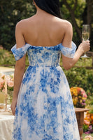 Laden Sie das Bild in den Galerie-Viewer, Off-the-shoulder A-Linie Korsett, blaues Blumen-Tüll-Maxikleid